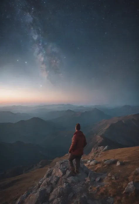 An image of a person standing on a mountain peak, gazing at the cosmos, with a sense of wonder and clarity.