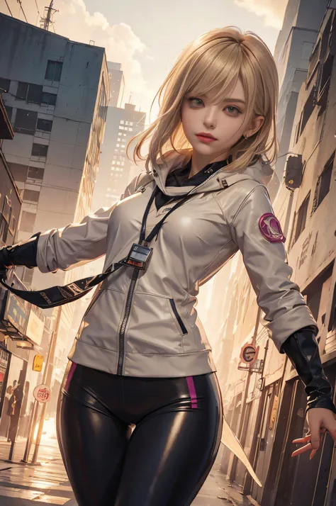 write，anatomy correct，Beautiful cyberpunk girl，cute  face，，Gradient Beige Hair，（（Dark golden eyes）），long eyelasher，Hanging eye corners，White skin of the，（small tit），（Slim body），（（Womens Extra Short Shawl Leather Jacket）），（（goth style，Racing_Suit）），Ear stud...