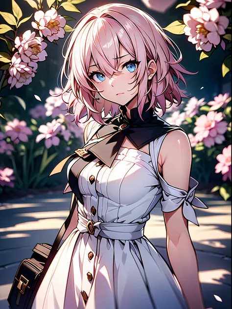 Exquisite masterpiece, best quality, illustration style, an anime girl with pink hair, short hair and shoulders, powder-blue eyes, small, casual dress, white dress, youthful and beautiful, dynamic posture contains the golden section, large aperture portrai...