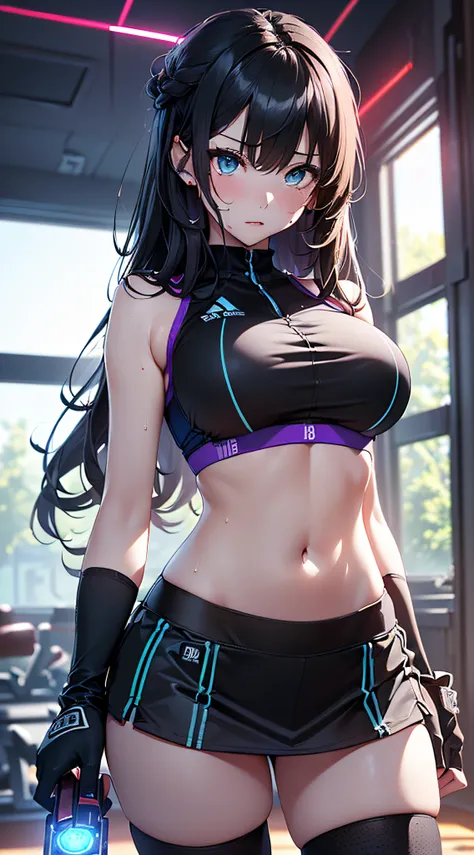 top-quality、Top image quality、​masterpiece、girl with((cute little、18year old、Best Bust、Medium bust、Bust 85,Beautiful blue eyes、Breasts wide open,Long Black Hair、A slender、Middle knot、Black Sports Bra、White short skirt,Reflecting the whole body、Black perfor...