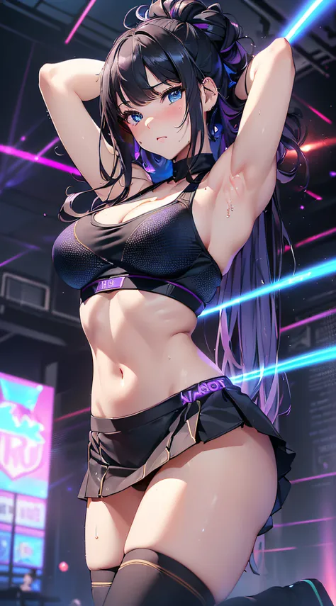 top-quality、Top image quality、​masterpiece、girl with((cute little、18year old、Best Bust、Medium bust、Bust 85,Beautiful blue eyes、Breasts wide open,Long Black Hair、A slender、Middle knot、Black Sports Bra、White short skirt,Reflecting the whole body、Black perfor...