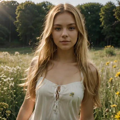 Create an AI-generated image of a radiant blonde girl, standing in a sunlit meadow with wildflowers, her hair gently tousled by the breeze, radiating a sense of natural beauty and serenity, highly detailed, ultra realistic