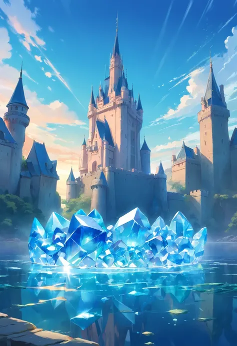 blue crystal floating on top of a castle