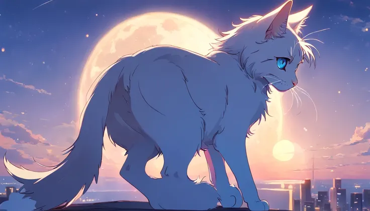 One horse,Maine Coon,profile,The Cat Age of Fury of Chaos ::n_ nightmarish,long neck,Cats,,Moon mark on forehead,Pure white background,sitting on,The coat color is pure white,Pure white,No decoration,No frills,quadrupedal，blue color eyes,hand drawn cartoon...