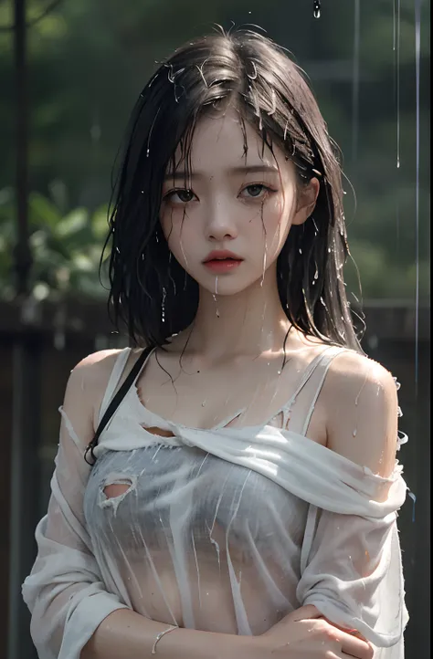 Best picture quality, masterpiece, ultra high resolution, (fidelity :1.4), photo, 1 girl,[(sadness)],white shirt, Dim, dark, desperate, pitying, pitiful, cinematic,tear,teardrop,(Torn clothes:1.5), (Wet clothes:1.4), bare shoulders,Real rain,wet hair,..