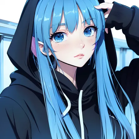 femele、Chicken-style design with black hoodie and hood、Light blue long hair、Light blue eyes、Height is about 155 cm、More animated than photogenic、NEET