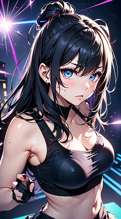 top-quality、Top image quality、​masterpiece、girl with((cute little、18year old、Best Bust、Medium bust、Bust 85,Beautiful blue eyes、Breasts wide open,Long Black Hair、A slender、Middle knot、Black Sports Bra、White short skirt,Reflecting the whole body、Black perfor...