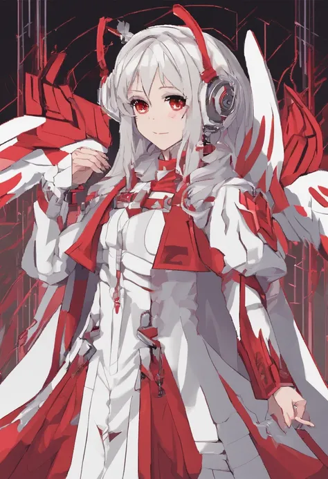 teens girl，White hair，Red glowing eyes, sportrait, photorealestic,（Red and white trench coat），Red scarf，a black pleated skirt，black t-shirts，longer sleeves，（（With a hood））Red and white headphones，((Multiple pairs of angel wings))，side-lighting, the wallpap...