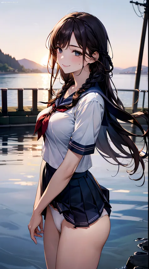 ((((, , perfect anatomy, super detailed skin)))), 1 girl, japanese, 14 years old, shiny skin, large breasts:0.5, watching the view, (smile:1.5), 
beautiful hair, beautiful face, beautiful detailed eyes,  (absurdly long hair:1.1, side braid:1.5), blond hair...