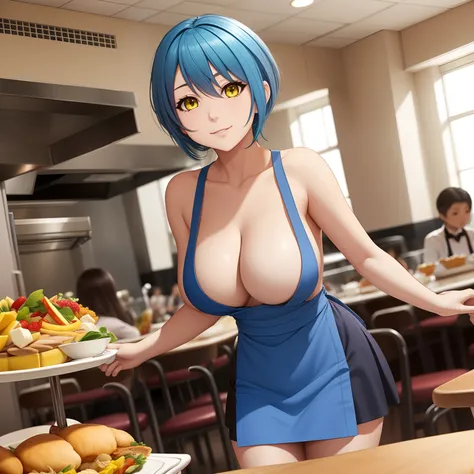 Cafeteria, character with blue  hair , medium boobs, short skirt, yellow apron, topless,, waitress, guests, embarresed