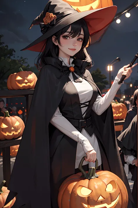 1lady standing, /(witch costume hat/) /(black capelet/), /(holding witchs cane/), /(black hair/) bangs, blush kind smile, (masterpiece best quality:1.3) delicate illustration ultra-detailed , large breasts BREAK /(streets of Shibuya/) outdoors, jack-o-lant...