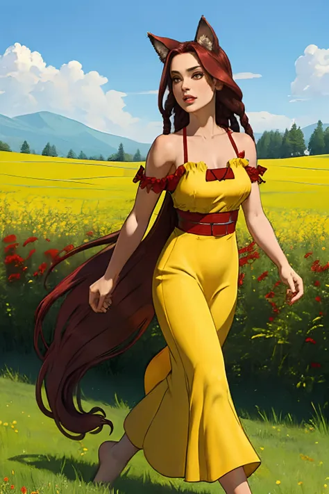 jennifer as yshtola, burgundy hair, long dreadlock hairstyle, yellow sundress, neko ears, burgundy neko tail, walking in meadow