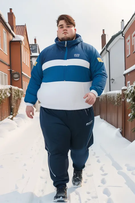 year: 2023. Location: Sweden. Pre-Raphaelite scene with a 25-year-old man, ((obese)), walking in the terraced houses garden, ((((winter sport Clothing from the 2020s)))) ((Hairstyle of the 2020s)), (((in the style of "OMITB")))