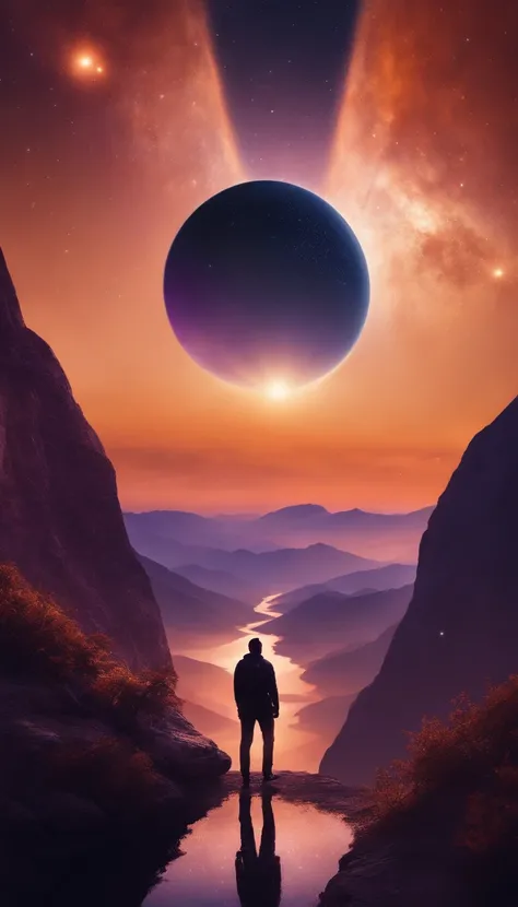 (best quality,highres,realistic:1.37),landscape,person standing on a mountain peak,gorgeous star-filled cosmos,wonderful sense of awe and clarity,amazing view,great height,orange and purple hues,sunlight illuminating the scene,sublime beauty,importance of ...