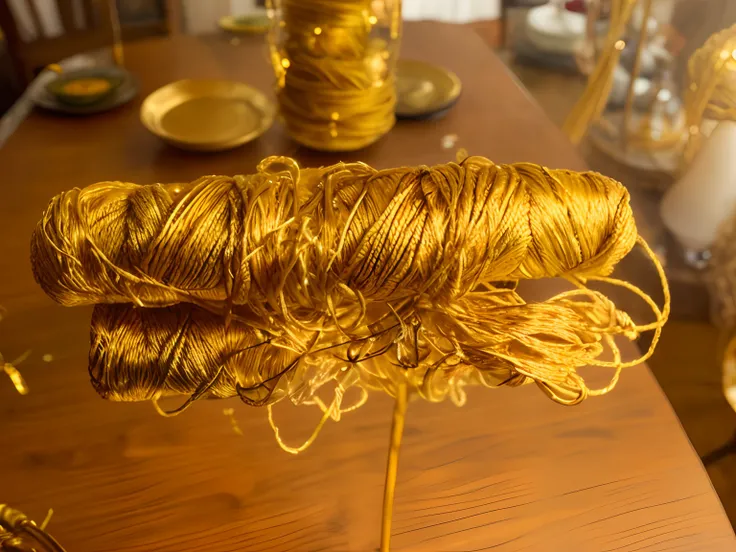 there is a spool of yarn on a table with a glass vase, intricate golden threads, golden threads, exposed gold wires, detailed entangled fibres, glowing threads of drop, golden thread, gold wires, threads, acid pooling inside, vibrant but dreary gold, ember...