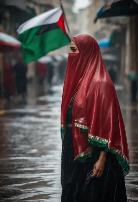 Palestinian woman wearing a Hijab decorated with Palestinian flag waking in the rain. In middle of the street. Realistic photo accurate.