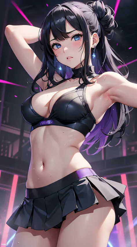 top-quality、Top image quality、​masterpiece、girl with((cute little、18year old、Best Bust、Medium bust、Bust 85,Beautiful blue eyes、Breasts wide open,Long Black Hair、A slender、Middle knot、Black Sports Bra、White short skirt,Reflecting the whole body、Black perfor...