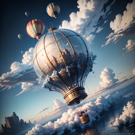 hot air balloon made of water flying in the sky, clouds, halation, intricate details, 8k, 16 k, highest quality, top resolution,...