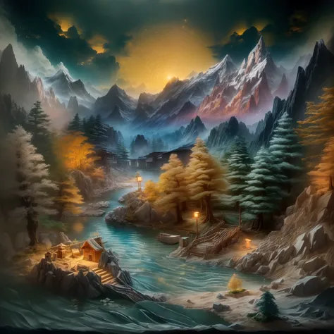 (sandbox:1.4),Movie Angle,(Haoyue, Starlight, Mountains, ln the forest, rivers，small boats，fishing),(paper art,Quilted paper art,geomerty),(Extremely colorful, Best quality, high detal, Masterpiece, Cinematic lighting, 4K, Chiaroscuro)