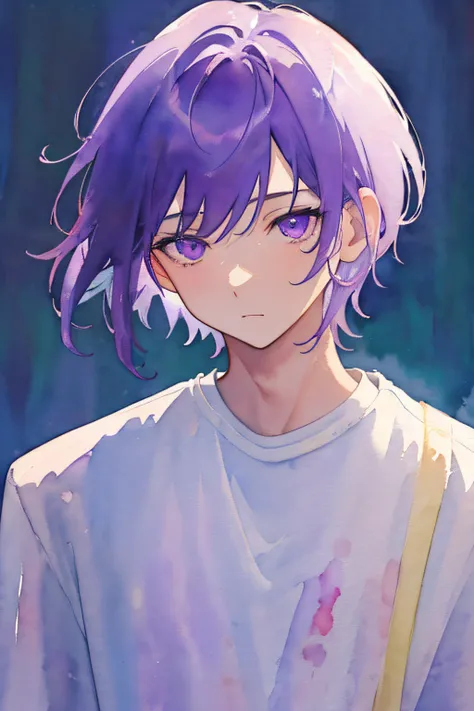 (watercolor:1.3), best quality, masterpiece, simple background, high contrast, high resolution, solid color, 1guy, solo, close up, front, look away, white shirt, sexy nape, clavicle, straight face, close mouth, pale purple short hair, purple eyes, purple h...