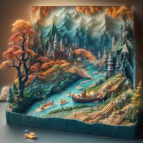 (Sandbox:1.4),cinematic angle,(Haoyue, Starlight, Mountains, ln the forest, rivers, small boats, fishing),(paper art,Quilted paper art,geomerty),(extremely colorful, Best quality, Detailed details, Masterpiece, offcial art, movie light effect, 4K, Chiarosc...