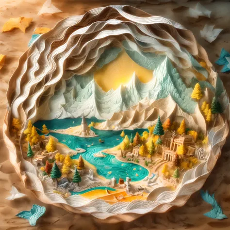 (Sandbox:1.4),cinematic angle,(Sun, white clouds, mountains, forests, rivers, small boats, fishing),(paper art,Quilted paper art,geomerty),(extremely colorful, Best quality, Detailed details, Masterpiece, offcial art, movie light effect, 4K, Chiaroscuro)