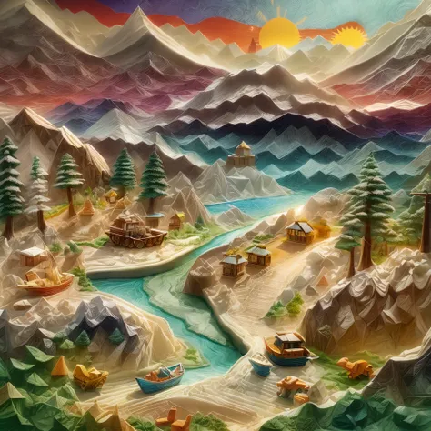 (Sandbox:1.4),cinematic angle,(Sun, white clouds, mountains, forests, rivers, small boats, fishing),(paper art,Quilted paper art,geomerty),(extremely colorful, Best quality, Detailed details, Masterpiece, offcial art, movie light effect, 4K, Chiaroscuro)