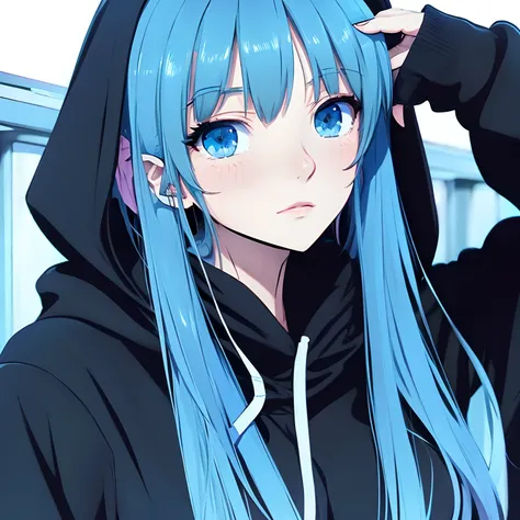 femele、Black hoodie、Light blue long hair、Light blue eyes、Height is about 155 cm、Anime style、NEET