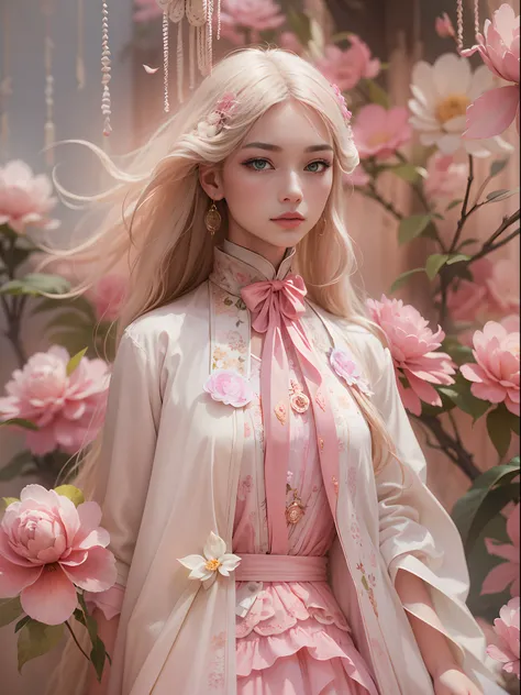 World-famous female model wearing Chanel fashion clothes，（long whitr hair:1.3），（eBlue eyes:1.3），（Pink clothes：1.3） Clear photo of facial features,concept art of character,Photography,Tradition Chinese Ink Painting style,A beautiful painting by Cy Twombly,D...