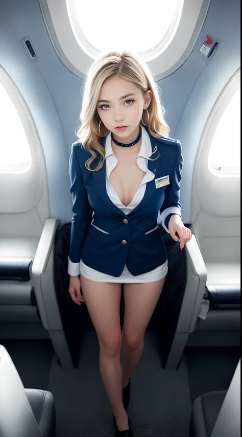 ((preteen)), Beautiful Girl, Model body, Big blue eyes, Small breasts, Long legs, Medium Hoop Earrings, Flight attendant uniform sexy, Shot from above, Very white skin, Long hair, Wavy Hair, Blonde hair , Cabin in the forest, Photorealistic, indirect light...