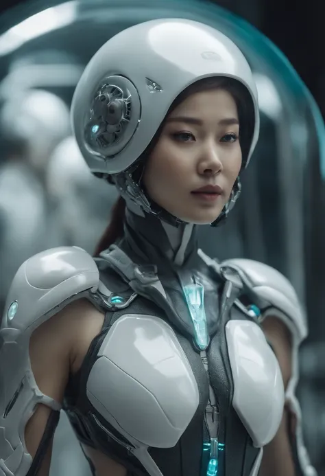 best quality,master piece,intricate details,nsfw,1girl,solo,(full body:1.4),(light smile),legs,simple background,brightly,lips,alien android,simple background,alien,brain in (transparent:1.2) skull,(organic helmet),a beautiful asian woman with a futuristic...