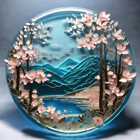 On a blue glass plate,(Stack paper cuts):Dream peach blossom forest landscape painting。Highest quality, Highest image quality, Top resolution, Intricate details,