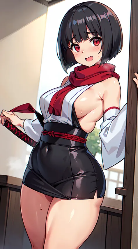 (Perfect body),Best Quality,16 K、((((Short stature))))、((((Lori))))、(Kimono)、sleeve less、(Red mini skirt)、White panty、(((blush)))、:D、I have my mouth wide open、Tsuriformes、Blunt bangs、(short-hair)、(((bob cuts)))、(Red Eyes),((Black hair)),(Sweat)、((red scarf...