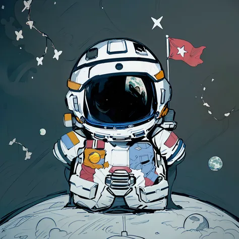 (Best quality,4K,A high resolution,Masterpiece:1.2),Ultra-detailed,(Realistic,Photorealistic,photo-realistic:1.37),Cartoon astronaut on the moon,Stars on the red flag,Title mapping:Yang Liwei,Astronauts stand on celestial bodies,lonely astronaut,Astronauts...