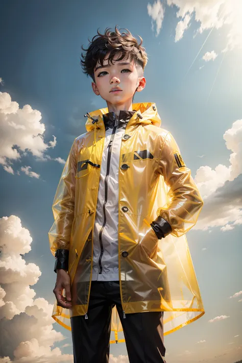 A boy with，Yellow transparent raincoat，Fall into the cloud，