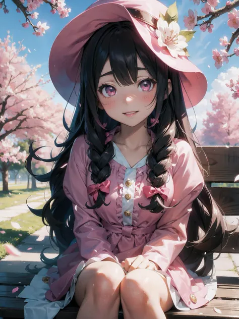 Anime girl with long pink hair sitting on a bench in front of a tree, sakura petals around her, pixiv, kinomoto sakura, Beautiful anime girl, (Anime Girl), official anime artwork, Pixiv Contest Winner, beautiful anime art, Beautiful anime, beautiful anime ...