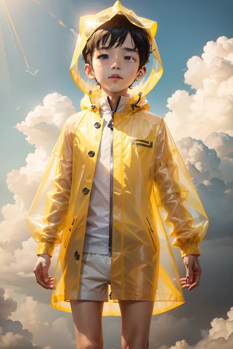 A boy with，Yellow transparent raincoat，Fall into the cloud，