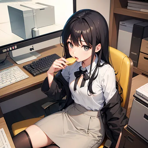 beautiful japanase woman, 30-year-old office worker, sitting on office chair, close eyes, open mouth, (eating a very large banana held in right hand), black long hair, in the office background, white blouse, 
BREAK
(gray skinny pencil-skirt), (black stocki...