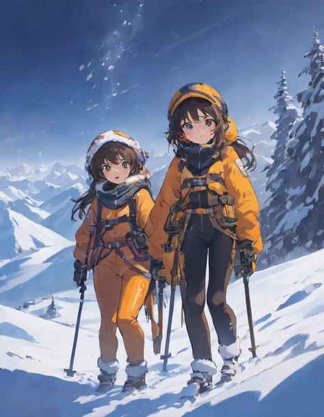 two girls in expedition gear on a snowy mountain, girl 1 has black hair and girl 2 has brown hair