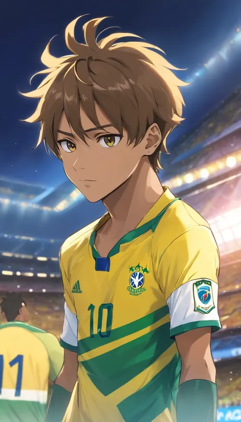 Neymar Jr with the shirt of the Brazilian national team , Standard scenario , melhor qualidade, best resolution , Estilo anime , obra prima , olhar fixo