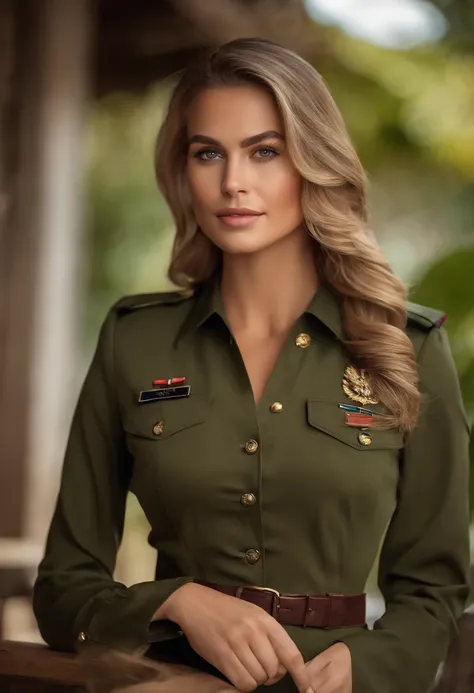 girl in military uniform,1 mulher adulta, cabelo comprido, cabelo cacheado, cabelo cor preto, pele suave, olhos castanhos, sorrir, vegetation, Occasional, Businesswoman style clothes, blaser marrom claro, realista, com fundo em um restaurante chique, 8k su...