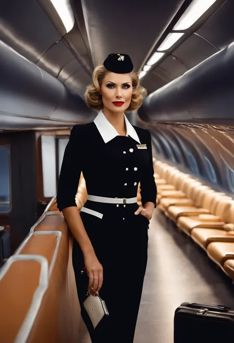 She is a flight attendant in a black silk uniform