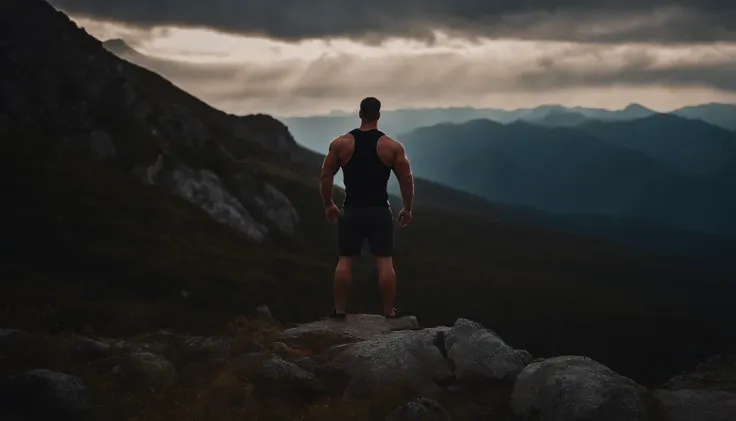 An image of a person s (((MUSCULAR MEN BIG ASS))) tanding on a mountain peak, gazing at the cosmos, with a sense of wonder and clarity.