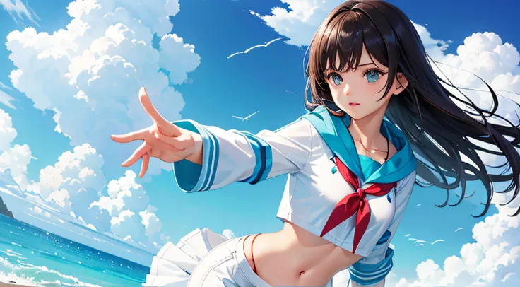 {Masterpiece}}, The best quality, illustration,quadratic element，Smooth anime CG art， Turquoise route painting style，1 girl, Small chest, Beautiful detail eyes, Beautiful detail sky, beautiful detailed  water, 电影灯光, Dramatic angle, Sailor suit, Bikini, Sid...