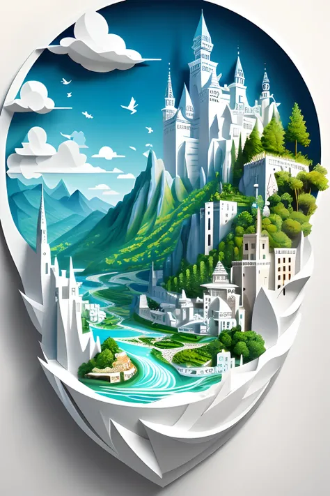 （（（arte em papel cortado，Flat paper cutout。）））paper art，with blue sky and white clouds，Green Mountains and Green Water，terraced， paper modeling art, paper art, made of paper, karol bak uhd, layered paper art, Extremely high detail, Intricate fantasy of rea...