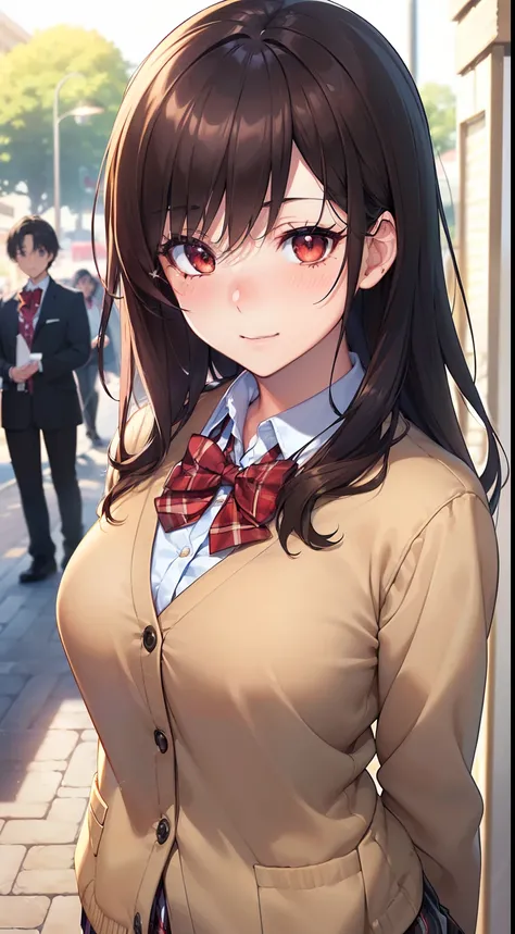 ((masterpiece, best quality, highres, UHD, perfect pixel, depth of field, 4k, RTX, HDR))), 1girl, single, solo, beautiful anime girl, beautiful artstyle, anime character, ((long hair, bangs, brown hair, curly hair:0.8)), ((red eyes:1.4, rounded eyes, beaut...