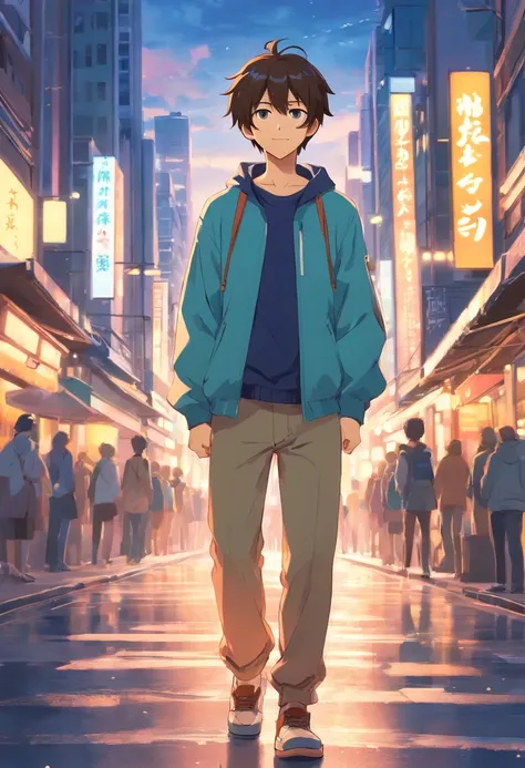 A boy, transformed into an anime style, with exaggerated unique facial features and clothing, standing on a bustling city street, backlit background highlighting the subject, high-contrast colors, 4K high-definition quality，young, smiling, handsome