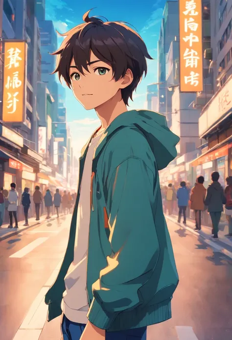 A boy, transformed into an anime style, with exaggerated unique facial features and clothing, standing on a bustling city street, backlit background highlighting the subject, high-contrast colors, 4K high-definition quality，young, smiling, handsome