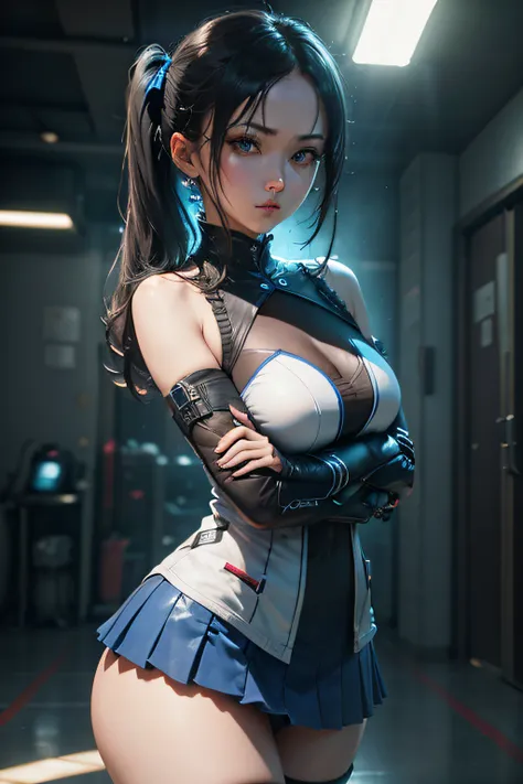 ((top-quality)), ((​masterpiece)), (detaileds:1.4), 。.。.。.。Blue LED is on、.。.3D, Blue Eyes Slender、Short skirt with blue LED、Twintail hairstyle,Beautiful Cyberpunk Woman Image,nffsw(HighDynamicRange),Ray traching,NVIDIA RTX,Hyper-Resolution,Unreal 5,Sub-su...