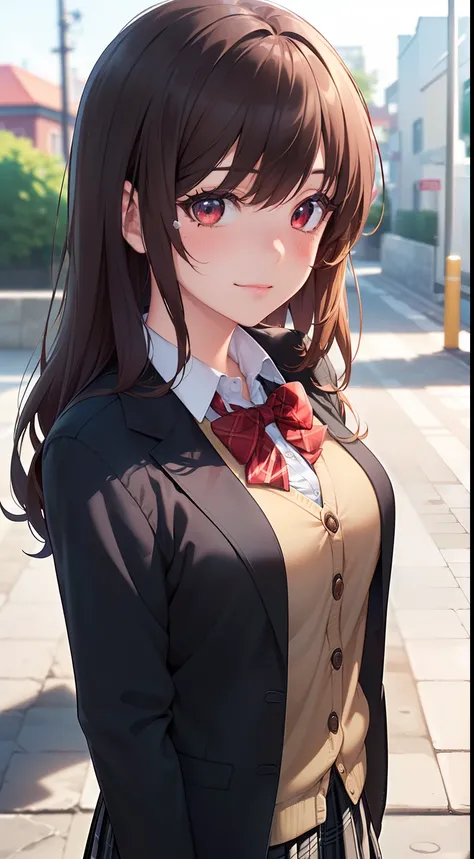 ((masterpiece, best quality, highres, UHD, perfect pixel, depth of field, 4k, RTX, HDR))), 1girl, single, solo, beautiful anime girl, beautiful artstyle, anime character, ((long hair, bangs, brown hair, curly hair:0.8)), ((red eyes:1.4, rounded eyes, beaut...